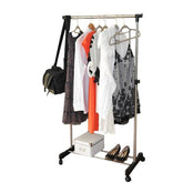 HAOYYE Single-Bar Vertical and Horizontal Stretching Stand Clothes Rack with Shoe Shelf, Black and Silver, Durable Space-Saving Organizer, Modern Design, Versatile Storage Solution for Home and Bedroom, Premium Quality Construction