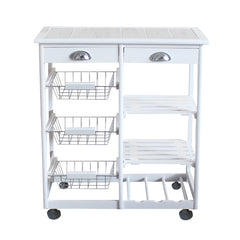 HAOYYE Rolling Kitchen Island Cart with Drawers, Baskets & Shelves, White Wooden Serving Cart with Stainless Steel Handles, Mobile Kitchen Storage Organizer for Dining Room, Durable Modern Kitchen Trolley with Wine Rack, Easy-Access Storage Space