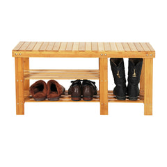HAOYYE 90cm Strip Pattern Tiers Bamboo Stool Shoe Rack with Boots Compartment Wood Color Durable Space-Saving Organizer Storage Solution Modern Design Versatile Use Premium Quality Stylish Look Home