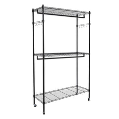 HAOYYE 2-Tier Rod Closet Organizer Garment Rack with Storage Shelf and Side Hooks, Portable Clothes Hanging Rack for Bedroom Entryway Apartment, Heavy Duty Metal Frame Wardrobe Organizer in Black