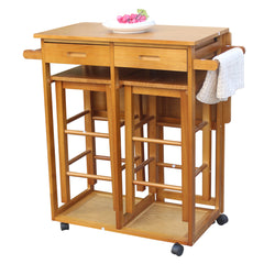 HAOYYE Square Solid Wood Folding Dining Cart with 2 Free Stools, Expandable Drop Leaf Tabletop, 2 Storage Drawers, Rolling Kitchen Island with Push Handle, Space-Saving Mobile Dining Solution for Home