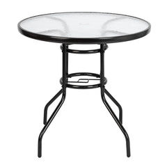 HAOYYE Outdoor Dining Table Round Toughened Glass Table, Stylish Yard Garden Glass Table with Powder-Coated Steel Frame, Durable and Weather-Resistant, Ideal for Patio, Balcony, or Outdoor Spaces