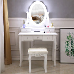 HAOYYE White Vanity Desk with Light Bulb Mirror and 5 Drawers, Modern Makeup Dressing Table with Storage Space, Stylish and Functional Design for Bedroom or Dressing Room, Easy to Assemble