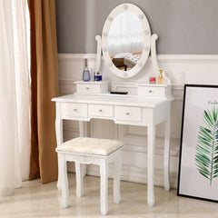 HAOYYE White Vanity Desk with Light Bulb Mirror and 5 Drawers, Modern Makeup Dressing Table with Storage Space, Stylish and Functional Design for Bedroom or Dressing Room, Easy to Assemble