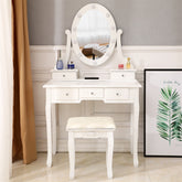 HAOYYE White Vanity Desk with Light Bulb Mirror and 5 Drawers, Modern Makeup Dressing Table with Storage Space, Stylish and Functional Design for Bedroom or Dressing Room, Easy to Assemble