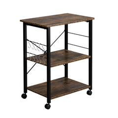 HAOYYE 3-Tier Baker's Rack Kitchen Utility Storage Cart with Microwave Oven Stand, Vintage Wood Grain Top and Black Metal Frame, Industrial Workstation Shelf with Hooks for Spices Cookware Appliances for Home Apartment Pantry Dining Room