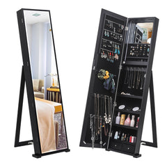 HAOYYE Jewelry Storage Cabinet With Blue LED Light, Upright Jewelry Organizer Cabinet Featuring Full-Length Mirror, Multiple Compartments For Necklaces, Rings, Earrings, Bracelets, Durable Black Finish For Home Use