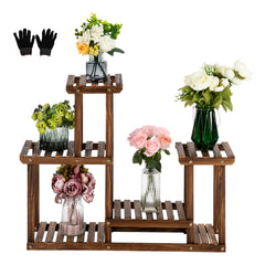 HAOYYE 4-Story 7-Seat Indoor and Outdoor Multi-Function Carbonized Wood Plant Stand, Luxurious Design, Premium Quality, Decorative and Comfortable, Stylish Home Decor with Unique Soft Cozy Flannel Fleece Touch, Perfect for Showcasing Plants in Any Setting