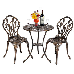 HAOYYE European Style Cast Aluminum Outdoor 3-Piece Tulip Bistro Set, Bronze, Elegant Table and Chairs for Patio, Garden, Porch, or Balcony, Durable and Lightweight, Perfect for Outdoor Dining and Relaxation