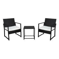 HAOYYE Outdoor Wicker Patio Furniture Set Black Rattan 3 Piece Conversation Set with 2 Exposed Frame Flat Chairs and 1 Coffee Table Durable PE Woven Bistro Set with Iron Frame for Balcony Garden Lounge