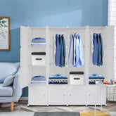 DE Direct HAOYYE 4-Layer 16 Cube Organizer Stackable Plastic Storage Shelves with Steel Wire Frame and 3 Clothes Rails Modular Closet Cabinet Free Assembly White Durable and Space-Saving Storage Solution