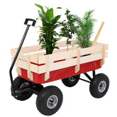 HAOYYE Garden Wagon Cart with 4 Wheels, Heavy Duty Steel Utility Wagon for Lawn Yard Farm Patio, Lightweight Red Iron Wood Pull Cart for Transporting Tools Plants and Supplies