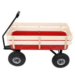 HAOYYE Garden Wagon Cart with 4 Wheels, Heavy Duty Steel Utility Wagon for Lawn Yard Farm Patio, Lightweight Red Iron Wood Pull Cart for Transporting Tools Plants and Supplies