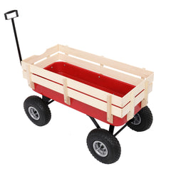 HAOYYE Garden Wagon Cart with 4 Wheels, Heavy Duty Steel Utility Wagon for Lawn Yard Farm Patio, Lightweight Red Iron Wood Pull Cart for Transporting Tools Plants and Supplies