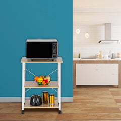 HAOYYE Baker’s Rack 3-Tier Kitchen Utility Microwave Oven Stand Storage Cart Workstation Shelf Light Beige Top White Metal Frame Durable Sturdy Multifunctional Modern Home Organizer Space-Saving Storage Solution for Kitchen
