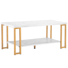 HAOYYE Simple Double-Layer Golden Iron Pipe Marble PVC Coffee Table, Rectangular Design, Luxury Home Decor, Premium Quality, Modern and Elegant, Comfortable, Decorative for Living Room, Office, and More