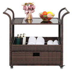 HAOYYE Outdoor Wicker Rattan Bar Cart on Wheels Brown Gradient Rolling Serving Sideboard with Storage for Patio Garden Balcony Party Beverage Station Portable Outdoor Furniture