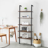 HAOYYE 5-Tier Industrial Wall Mounted Ladder Bookcase – Rustic Brown Wood Finish With Black Metal Frame, Open Display Shelf For Books, Home Décor, Plants, Living Room Storage, Office Display, Durable & Space-Saving Industrial Design