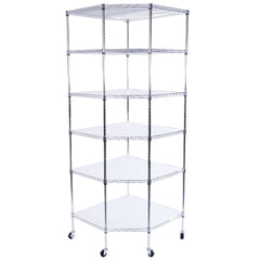 HAOYYE 6-Layer Chrome Plated Polygonal Corner Shelf with 2" PP Wheels, Silver, Space-Saving Design for Organizing Accessories, Makeup, Tools, and More, Durable High-Grade Iron Construction, Modern Decorative Storage Shelf for Home, Office, or Shop