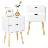 HAOYYE Modern White Bedside Table with Two Drawers and Wood Color High Legs Simple MDF Nightstand with Painted Finish Minimalist Bedroom Storage Cabinet End Table for Living Room Bedroom or Apartment Stylish and Space-Saving Furniture