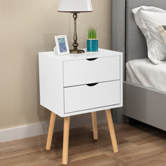 HAOYYE Modern White Bedside Table with Two Drawers and Wood Color High Legs Simple MDF Nightstand with Painted Finish Minimalist Bedroom Storage Cabinet End Table for Living Room Bedroom or Apartment Stylish and Space-Saving Furniture