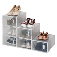 HAOYYE 6-Pack Clear Plastic Stackable Shoe Storage Boxes, White Durable Space-Saving Organizer, Modern Design, Versatile Use, Premium Quality, Stylish Look for Home Essentials, Bedroom, Living Room, Entryway, and Closet Organization