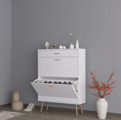 HAOYYE White Shoe Cabinet with 2 Flip Drawers Modern Shoe Rack Storage Organizer for Entryway Hallway or Closet Space-Saving Shoe Storage Cabinet for Heels Boots Sneakers and Slippers Freestanding Narrow Shoe Organizer with Hidden Design