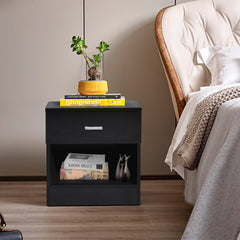 HAOYYE 1 Drawer Black Bedside Table Nightstand with Metal Handle, Modern Night Table with Open Shelf for Bedroom Living Room