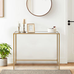 HAOYYE 39.4" Gold Console Table, Tempered Glass Top, Metal Frame, Durable And Stylish, Perfect For Entryway, Living Room, Hallway, Modern Space-Saving Design, Multifunctional Home Organizer