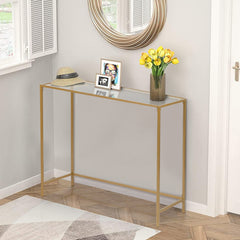 HAOYYE 39.4" Gold Console Table, Tempered Glass Top, Metal Frame, Durable And Stylish, Perfect For Entryway, Living Room, Hallway, Modern Space-Saving Design, Multifunctional Home Organizer