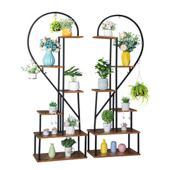 HAOYYE 2pcs 6-Layer Half Heart Iron and Wood Plant Stand, Durable Metal Flower Pot Holder for Garden, Balcony, Patio, Lawn, and Home Decoration, Stylish Black Flower Display Rack for Indoor and Outdoor Use