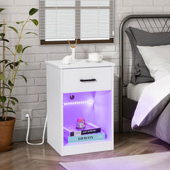 HAOYYE White Bedside Table with LED Light, Single Drawer, USB Ports, Power Outlets, and Wireless Charging - Durable Particleboard Nightstand for Bedroom Storage and Modern Home Décor