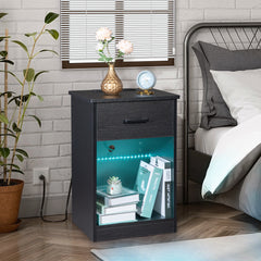 HAOYYE Black Bedside Table With LED Light And Drawer - Modern Storage Organizer Nightstand With Built-In Socket - Sleek Triamine Particleboard Design - Durable And Stylish Bedroom Furniture - Space-Saving Functional Bedside Cabinet For Homes
