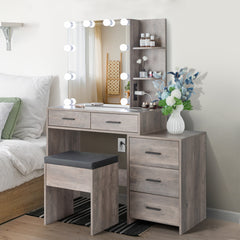 HAOYYE Grey Vanity Dressing Table Set with Mirror Cabinet Three Dimming Light Bulbs 5 Drawers and 2 Storage Shelves Particleboard with Triamine Veneer Modern Makeup Desk with Ample Storage and Elegant Design