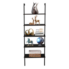 HAOYYE 5-Shelf Wood Ladder Bookcase with Metal Frame Industrial 5-Tier Modern Ladder Shelf Dark Walnut Wood Shelves Space Saving Storage Unit Elegant Home Decor Luxury Comfortable Premium Design