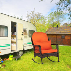 HAOYYE Brown Gradient Wicker Rocking Chair with Orange Cushion Single Outdoor Rattan Rocker with Iron Frame Backrest Design for Patio Balcony Porch Garden Lounge Relaxing Chair Comfortable and Stylish