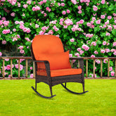 HAOYYE Brown Gradient Wicker Rocking Chair with Orange Cushion Single Outdoor Rattan Rocker with Iron Frame Backrest Design for Patio Balcony Porch Garden Lounge Relaxing Chair Comfortable and Stylish