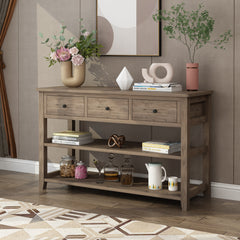 HAOYYE Console Table with Wood Frame and Legs Sofa Table for Entryway or Hallway with 3 Storage Drawers and 2 Open Shelves Rustic Wash Gray Narrow Table for Living Room Decor and Organization