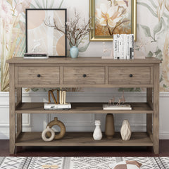 HAOYYE Console Table with Wood Frame and Legs Sofa Table for Entryway or Hallway with 3 Storage Drawers and 2 Open Shelves Rustic Wash Gray Narrow Table for Living Room Decor and Organization