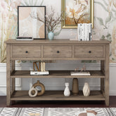 HAOYYE Console Table with Wood Frame and Legs Sofa Table for Entryway or Hallway with 3 Storage Drawers and 2 Open Shelves Rustic Wash Gray Narrow Table for Living Room Decor and Organization