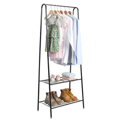 HAOYYE 2-Tier Black Metal Garment Rack with Hanging Rod and Lower Storage Shelf, Freestanding Clothes Organizer for Bedroom Entryway Laundry Room Space-Saving Design