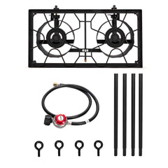 HAOYYE Double Burner Outdoor Camp Stove 150000-BTU High Pressure Cast Iron Propane Gas Cooker with Removable Legs and Regulator for Camping Patio Tailgate Brewing