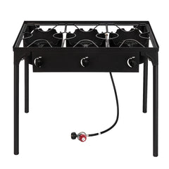 HAOYYE Outdoor Camp Stove 225000 BTU High Pressure Propane Gas Cooker, Portable Cast Iron Three Burner with Adjustable Regulator and Removable Legs for Patio Cooking, Camping, Tailgating