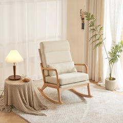 HAOYYE High Back Belt Waist Pillow Rocking Chair Armchair Dual Use Off-White Linen Soft Cozy Warm Flannel Fleece Solid Wood Armrest Backrest Iron Frame Indoor Seat for Living Room Bedroom Relaxation Comfortable Accent Chair