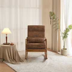 HAOYYE High Back Belt Waist Pillow Indoor Rocking Chair, Armchair Dual Use with Walnut Color Solid Wood Armrest, Backrest, and Iron Frame, Orange Bronzing Cloth Upholstery, Soft Cozy Warm Flannel for Maximum Comfort and Style