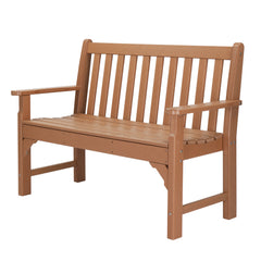 HAOYYE Vertical Backrest Teak Color HDPE Bench, Durable Outdoor Garden Bench with Sturdy Construction, Comfortable Seating for Patio, Porch, Backyard, or Garden, Space-Saving Design for Easy Setup and Relaxation