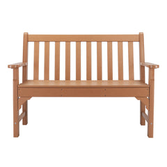 HAOYYE Vertical Backrest Teak Color HDPE Bench, Durable Outdoor Garden Bench with Sturdy Construction, Comfortable Seating for Patio, Porch, Backyard, or Garden, Space-Saving Design for Easy Setup and Relaxation