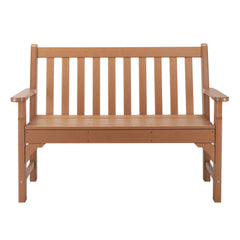 HAOYYE Vertical Backrest Teak Color HDPE Bench, Durable Outdoor Garden Bench with Sturdy Construction, Comfortable Seating for Patio, Porch, Backyard, or Garden, Space-Saving Design for Easy Setup and Relaxation
