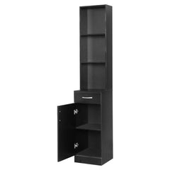 HAOYYE Black Bathroom Wall Cabinet with One Door One Drawer and Three Open Compartments MDF with Triamine Finish Hanging Storage Cabinet Organizer for Bathroom Entryway or Laundry Room Modern Space-Saving Design