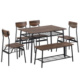 HAOYYE 6-Piece Modern Dining Set for Home Kitchen Dining Room with Storage Racks Rectangular Table Bench 4 Chairs Steel Frame